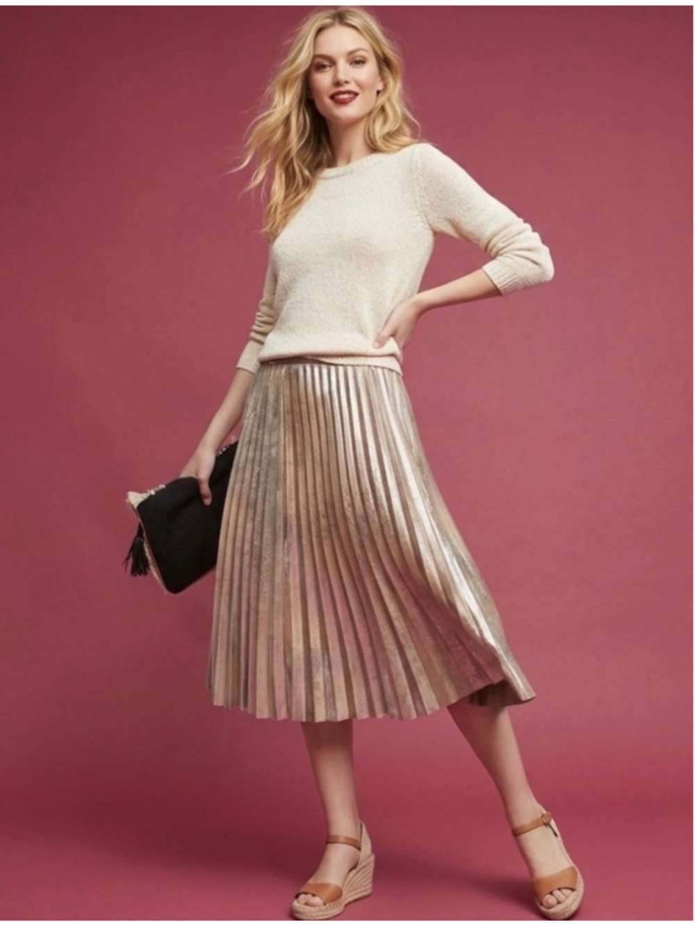 Maeve Anthropologie Pleated Metallic Knee Length Skirt Champagne Silver Large
